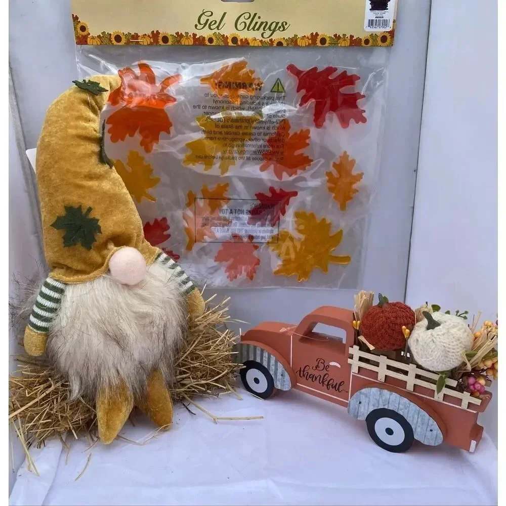 🍁 Fall Harvest Décor 3 Piece Bundle Gnome Plush LED, Be Thankful Truck & Leaf W